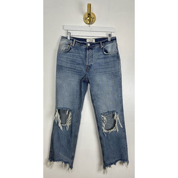 FREE PEOPLE Maggie Straight Leg Mid Rise Distressed Denim Jeans in Blue US 28 - Picture 6 of 14